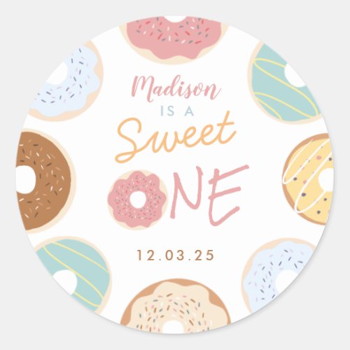 Cute Modern Pastel Donut First Birthday Classic Round Sticker