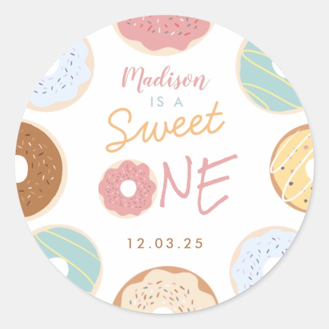 Cute Modern Pastel Donut First Birthday Classic Round Sticker (Front)