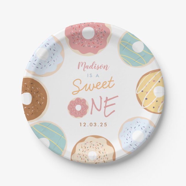 Cute Modern Pastel Donut First Birthday Paper Plates (Front)
