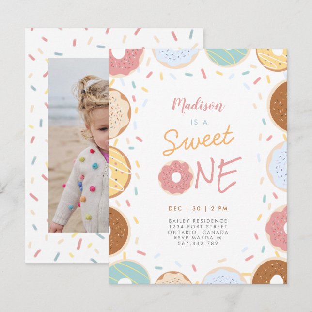 Cute Modern Pastel Donut Photo First Birthday Invitation Postcard (Front/Back)
