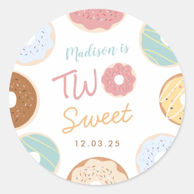 Cute Modern Pastel Donut Second Birthday Classic Round Sticker (Front)