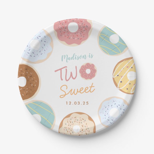 Cute Modern Pastel Donut Two Sweet Birthday Paper Plates (Front)