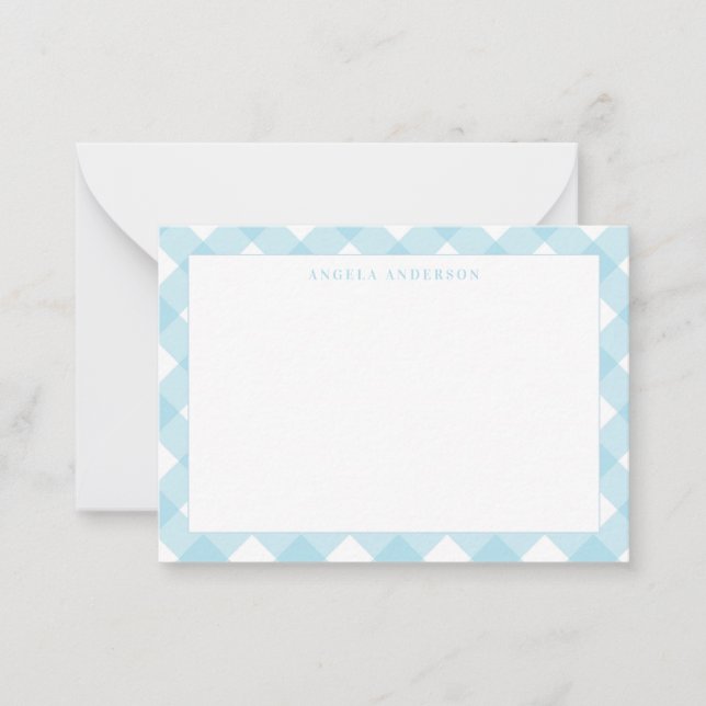 Cute Modern Pastel Light Blue Gingham Plaid Check  Note Card (Front)