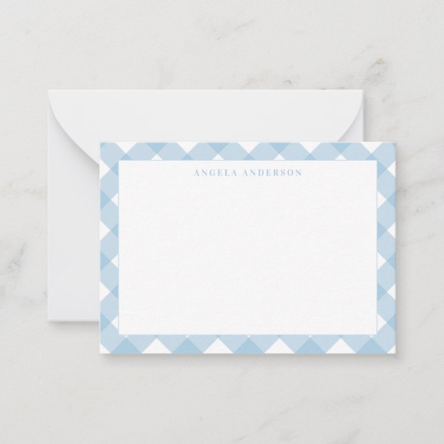 Cute Modern Pastel Light Blue Gingham Plaid Check Note Card (Front)