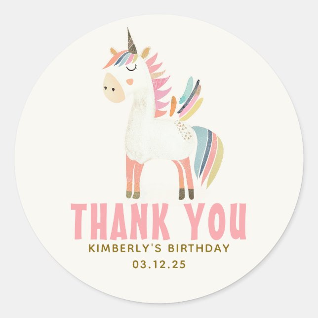 Cute Modern Pastel Unicorn Thank You Classic Round Sticker (Front)