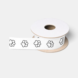 Cute & Modern Paw Print Black Outline On White Satin Ribbon