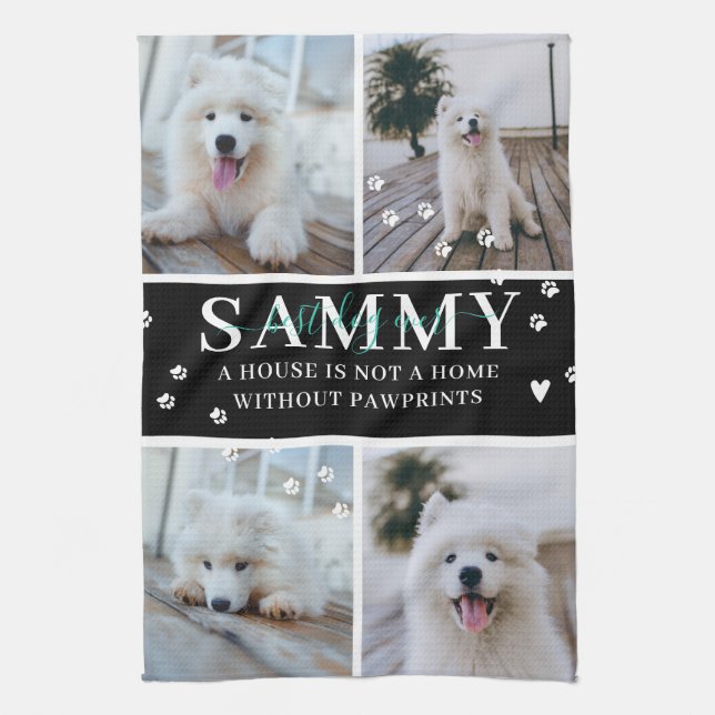 Cute Modern Paw Prints Personalized Pet Name Photo Kitchen Towel (Vertical)
