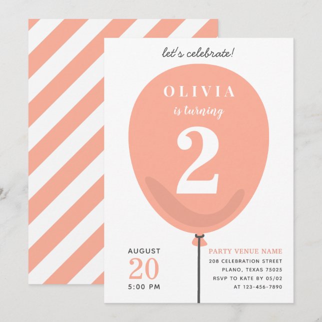 Cute Modern Peach Balloon - Girl 2nd Birthday Invitation (Front/Back)