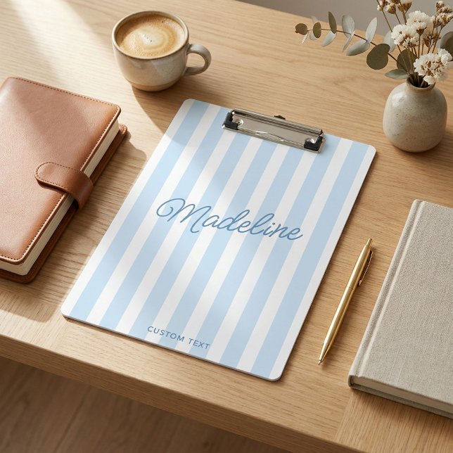 Cute Modern Personalized Coastal Blue Striped Clipboard (Creator Uploaded)