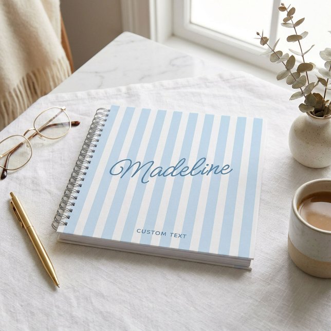 Cute Modern Personalized Coastal Blue Striped Notebook (Creator Uploaded)