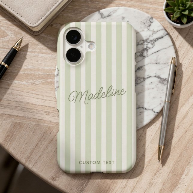 Cute Modern Personalized Coastal Sage Striped Case-Mate iPhone Case (Personalized phone case with soft sage green and white vertical stripes and your custom name)