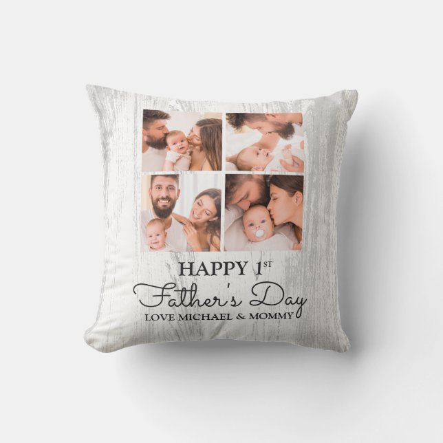 Cute Modern Photo Collage Happy First Fathers Day Throw Pillow (Front)