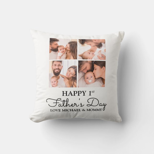 Cute Modern Photo Collage Happy First Fathers Day Throw Pillow (Front)
