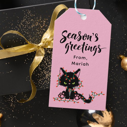 Cute Modern Pink and Black Christmas Cat Gift Tags