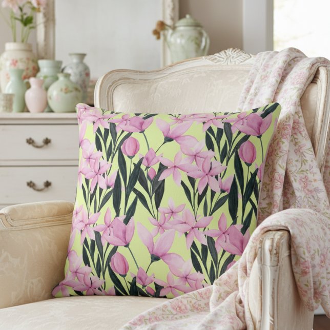 Cute Modern Pink and Yellow Floral Pattern Throw Pillow (Creator Uploaded)