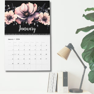 Cute Modern Pink Black Floral Calendar