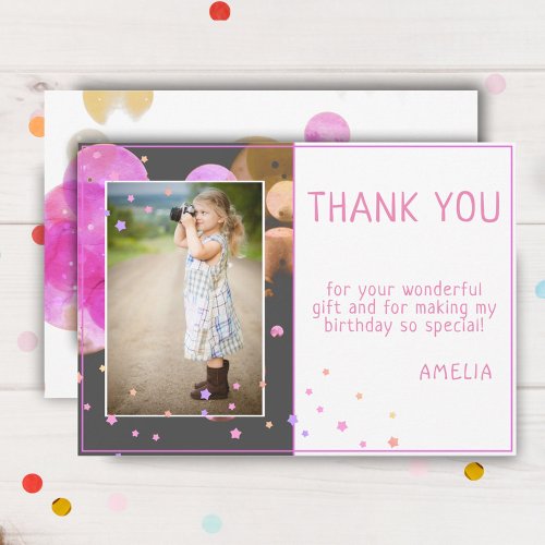 Cute Modern Pink Bubbles Kids Birthday Photo Thank You Card