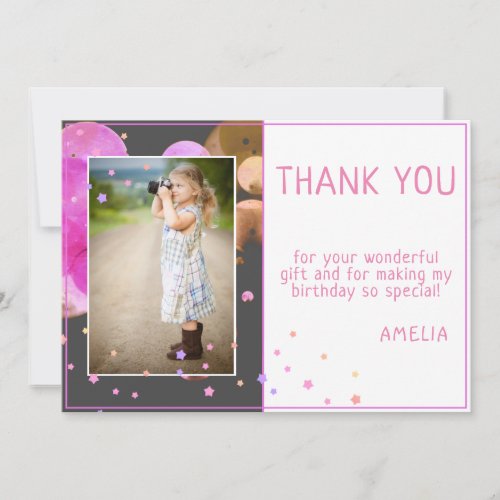 Cute Modern Pink Bubbles Kids Birthday Photo Thank You Card - Cute and modern photo birthday thank you card for children. Thank your friends and family. The card has beautiful bubbles and colorful stars on the front and on the back. Insert your child`s photo into the template. Personalize the card with your photo and name. You can also change the thank you message and write your own.