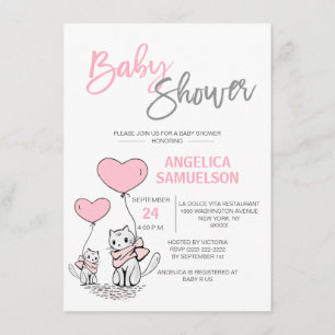 Cute Modern Pink Cat Kitten Girls Baby Shower Invitation