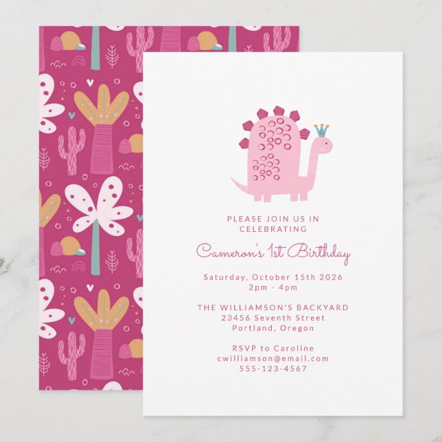 Cute Modern Pink Dinosaur 1st Birthday Invitation (Front/Back)