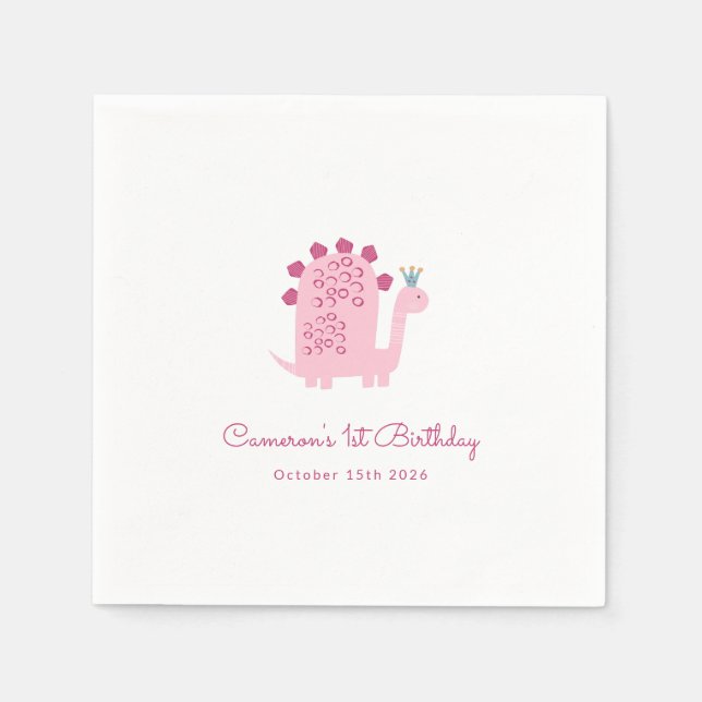 Cute Modern Pink Dinosaur 1st Birthday  Napkins (Front)