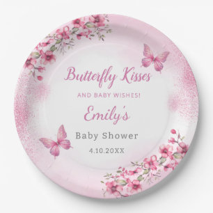Cute Modern pink Floral Butterfly girl Baby Shower Paper Plates