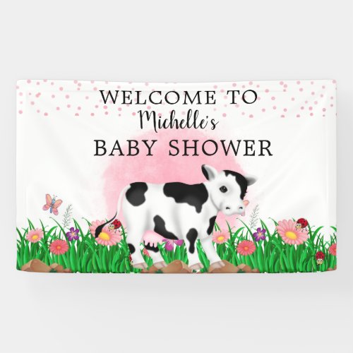  Cute Modern Pink Floral Cow  Baby Shower     Banner