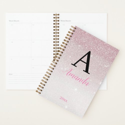 Cute Modern Pink Glitter Monogram Name  Initial  Planner