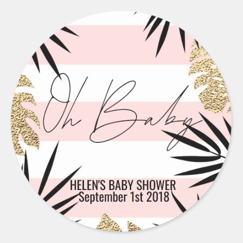 Cute Modern Pink Gold and Black Tropical Baby Girl Classic Round Sticker