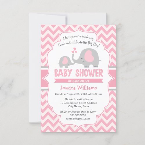 Cute Modern Pink Gray Elephant Girl Baby Shower Invitation