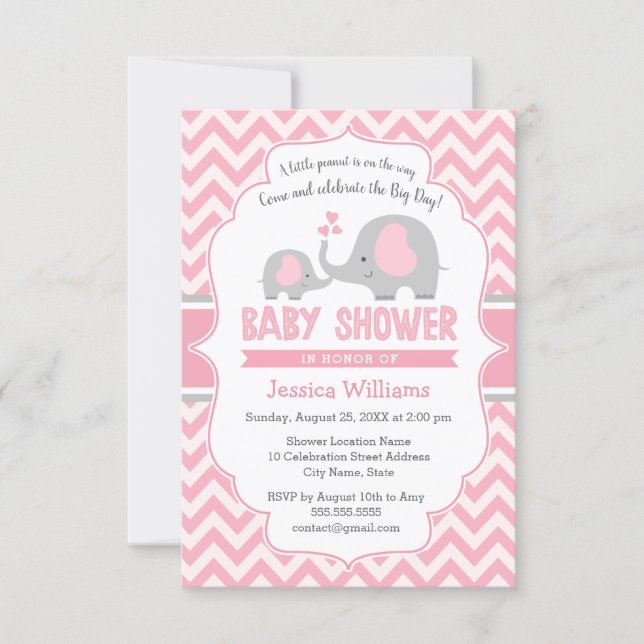 Cute Modern Pink Gray Elephant Girl Baby Shower Invitation (Front)