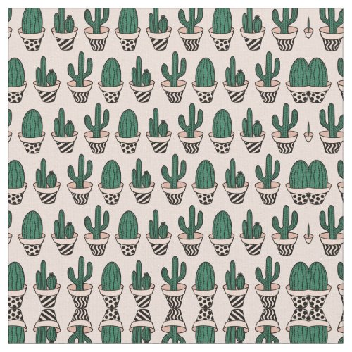 Cute Modern Pink Green Potted Cactus Pattern Fabric