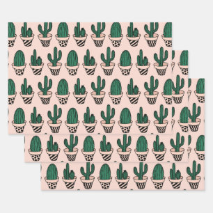 Cute Modern Pink Green Potted Cactus Pattern Wrapping Paper Sheets