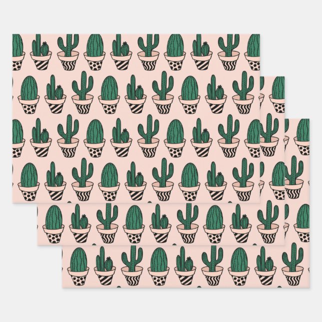 Cute Modern Pink Green Potted Cactus Pattern Wrapping Paper Sheets (Set)