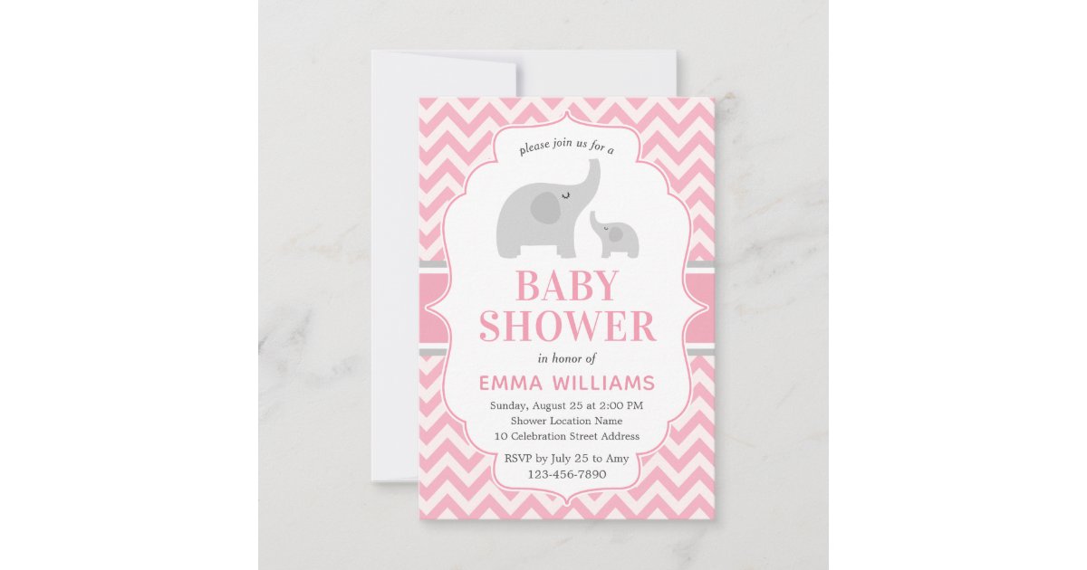 Cute Modern Pink Grey Elephant Girl Baby Shower Invitation | Zazzle