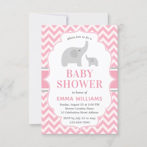 Cute Modern Pink Grey Elephant Girl Baby Shower Invitation