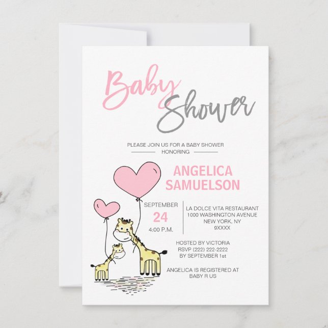 Cute Modern Pink Mommy Giraffe Girls Baby Shower Invitation (Front)
