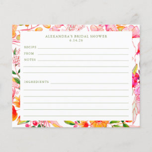 Cute Modern Pink Orange Flowers Shower Recipe Card