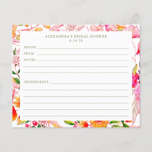 Cute Modern Pink Orange Flowers Shower Recipe Card
