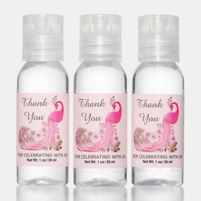 Cute Modern Pink Peacock Thank You Favor Hand Sanitizer (Set)