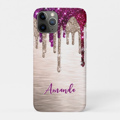 Cute modern Pink red Glitter Drips monogram iPhone 11 Pro Case