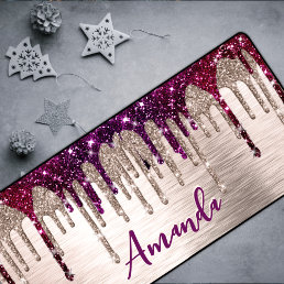 Cute modern Pink red Glitter Drips monogram Desk Mat