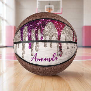 Cute modern Pink red Glitter Drips monogram Mini Basketball