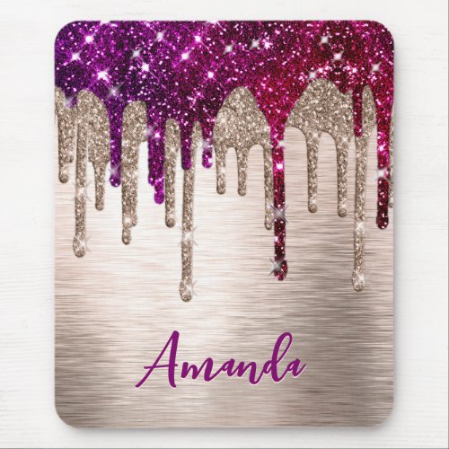 Cute modern Pink red Glitter Drips monogram Mouse Pad
