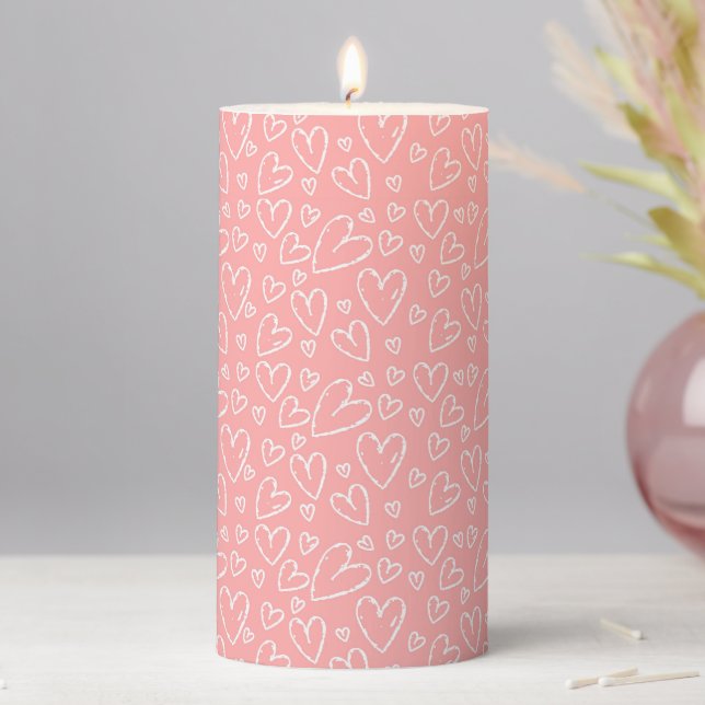 Cute Modern Pink with White Love Hearts  Pillar Candle (In Situ)