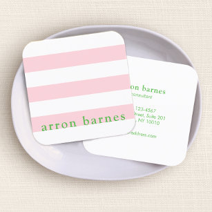 Cute Modern Preppy Pink Green Striped Square Business Card