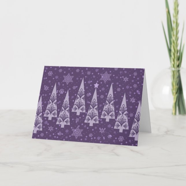 Cute Modern Purple Christmas Trees Snowflakes Holiday Card (Front)