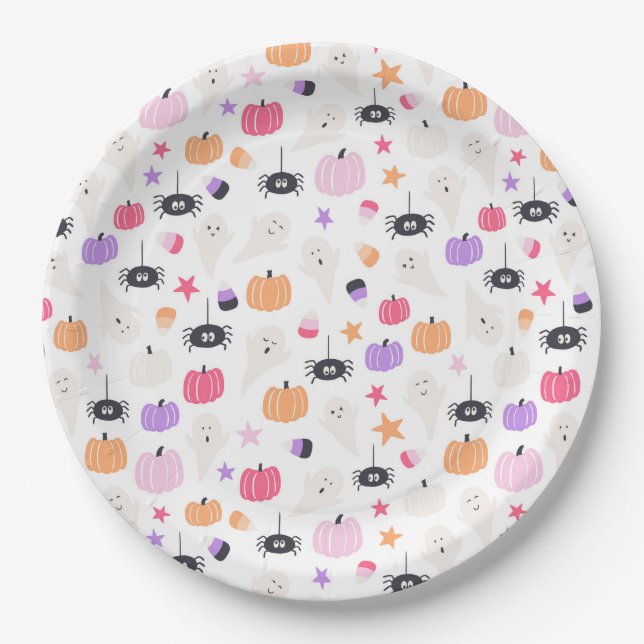 Cute Modern purple pumpkin and spider Halloween  Paper Plates (Front)