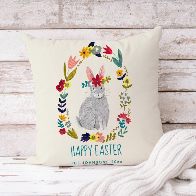 Cute modern rabbit with floral wreath personalised throw pillow (Creator Uploaded)