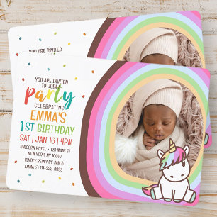Cute Modern Rainbow Unicorn Photo Kid's Birthday Invitation